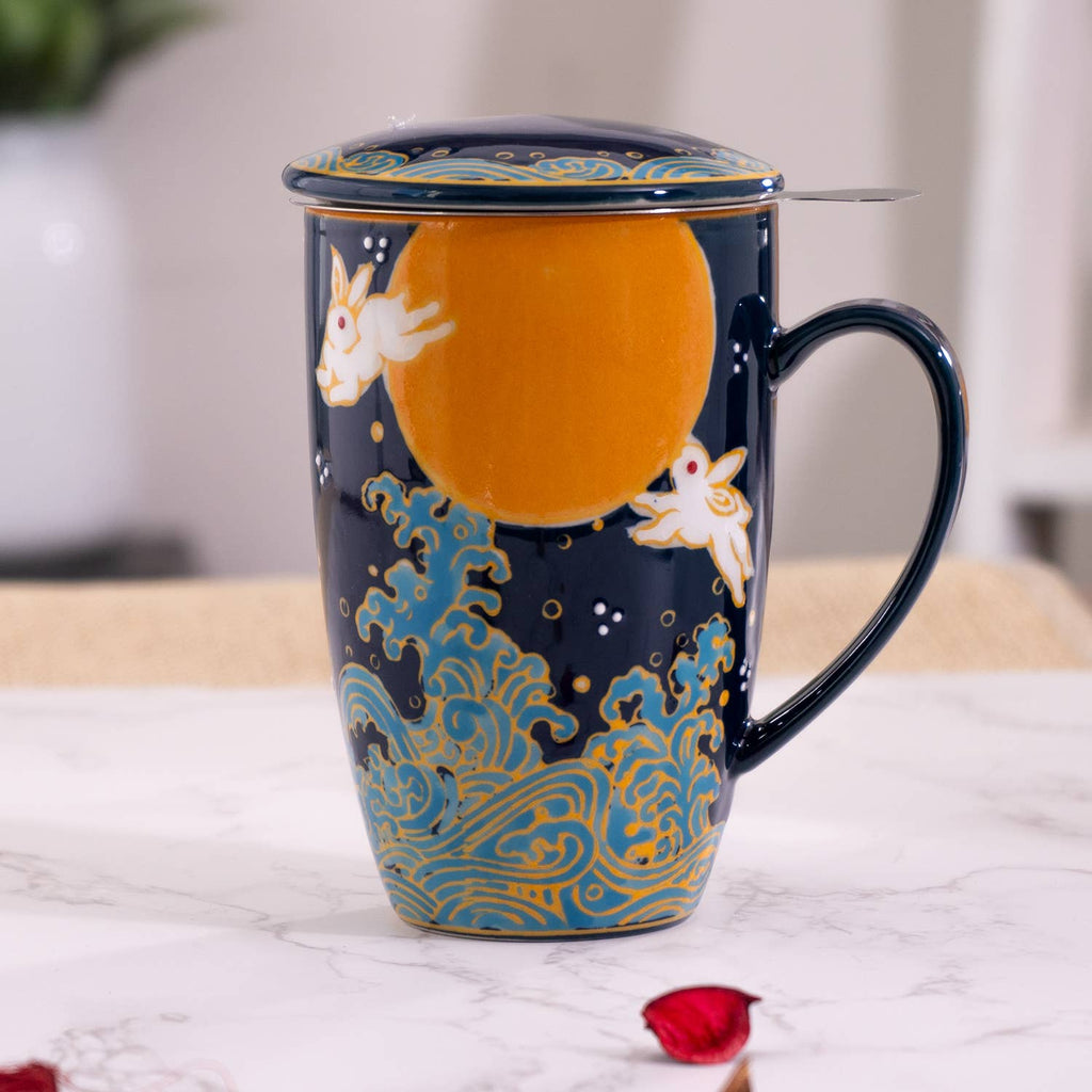 Moon Rabbit Design 15oz Tea Mugs with Lid and Infuser