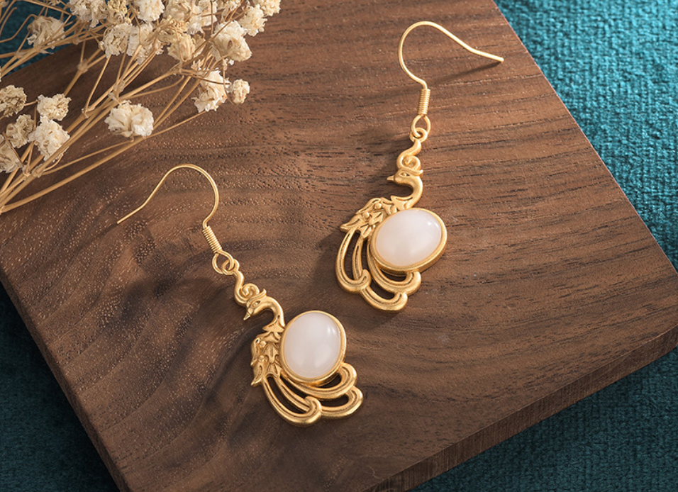 Golden Peacock Over Jade Earrings