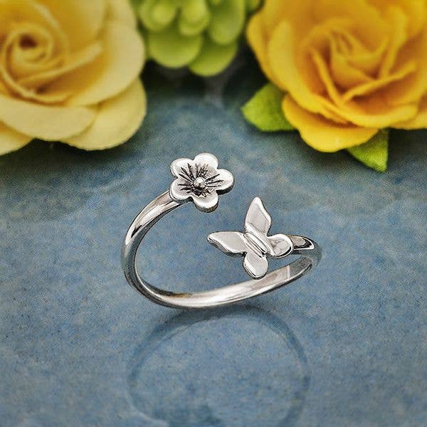 Butterfly and Flower Adjustable Ring: Bronze
