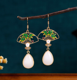 Green Bamboo with Crystals Earrings