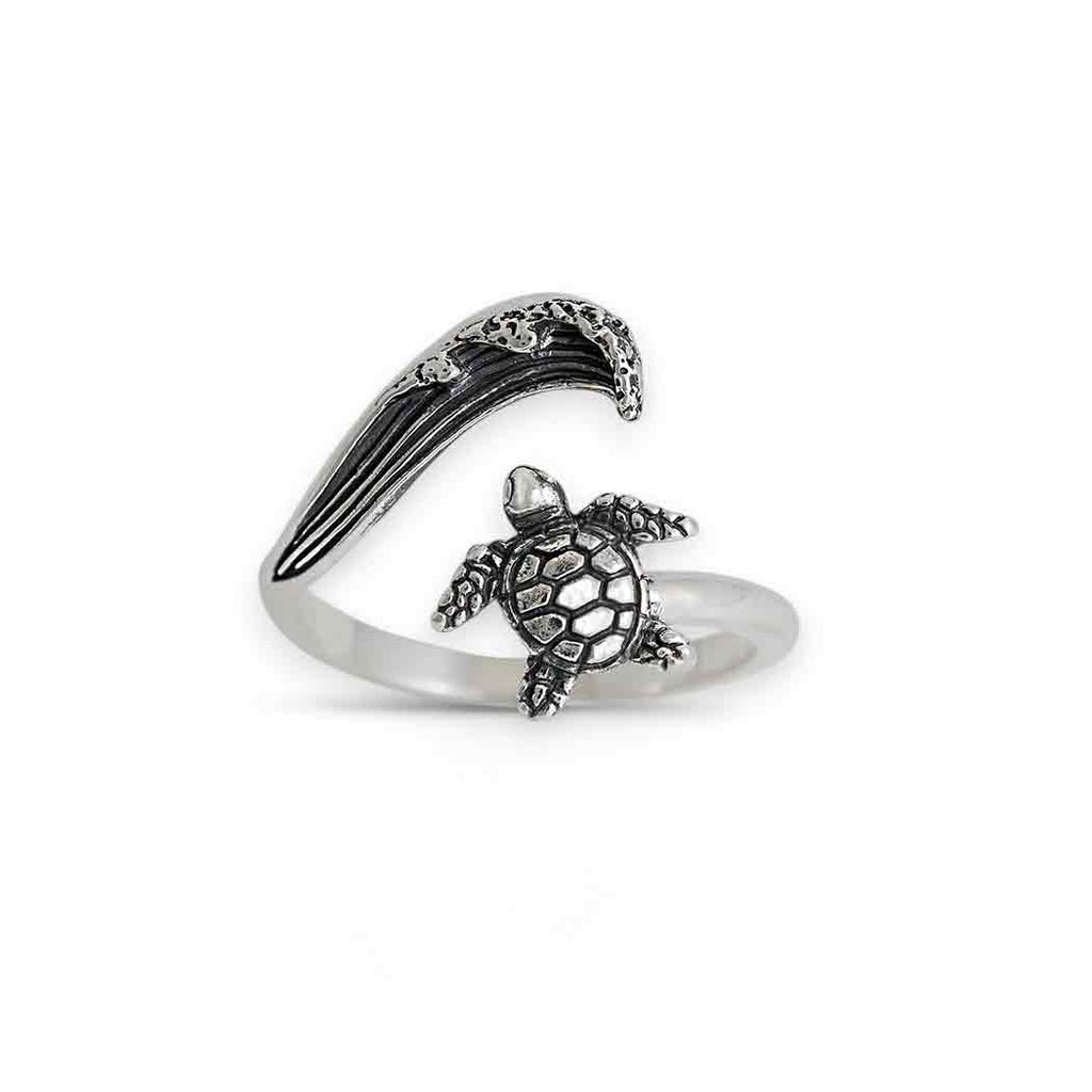 Sterling Silver or Bronze Sea Turtle & Wave Adjustable Ring: Sterling Silver