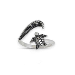 Sterling Silver or Bronze Sea Turtle & Wave Adjustable Ring: Bronze