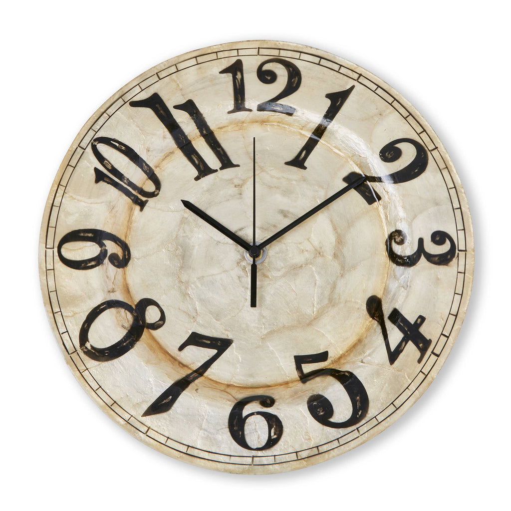 Clock Wall Decor Pearl With Black Numbers, Compressed Capiz
