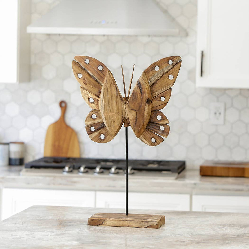 Eroded Teak Butterfly on Stand - 20