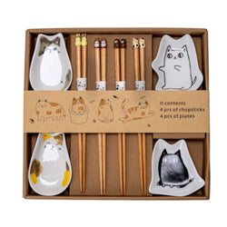 4 Pair Cute Cats Wooden Chopsticks and Sauce Dish Gift Set (1/20)