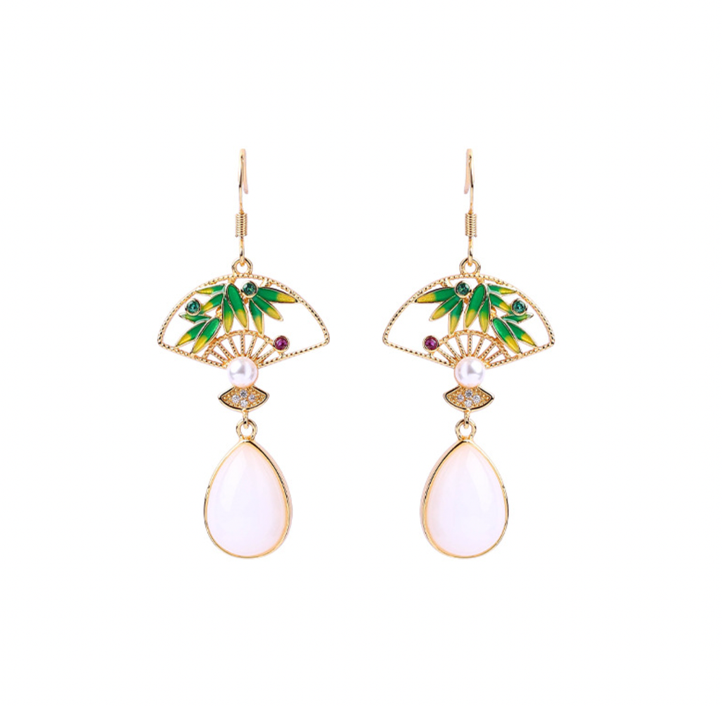 Green Bamboo with Crystals Earrings