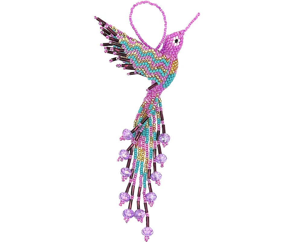 Beaded Hummingbird Figurine Seed Bead Fringe Dangle Ornament
