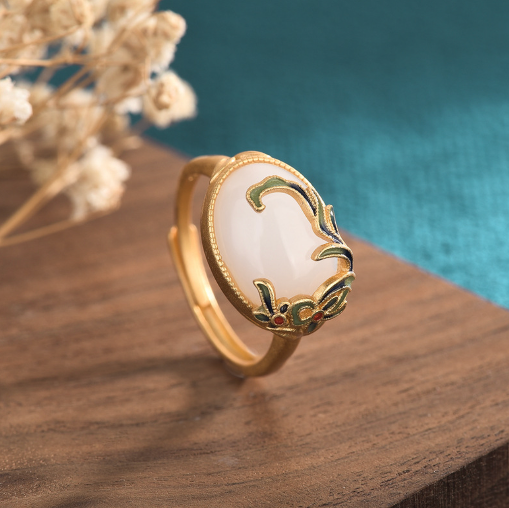 Enamel Leaves Over Jade Open Ring