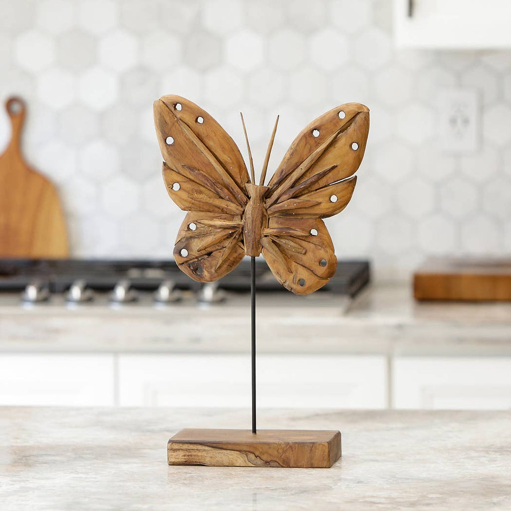 Eroded Teak Butterfly on Stand - 20