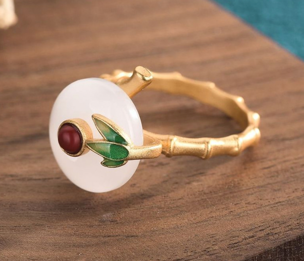 Asian/Chinese Style Bamboo on Jade Open Ring