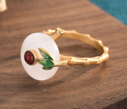 Asian/Chinese Style Bamboo on Jade Open Ring