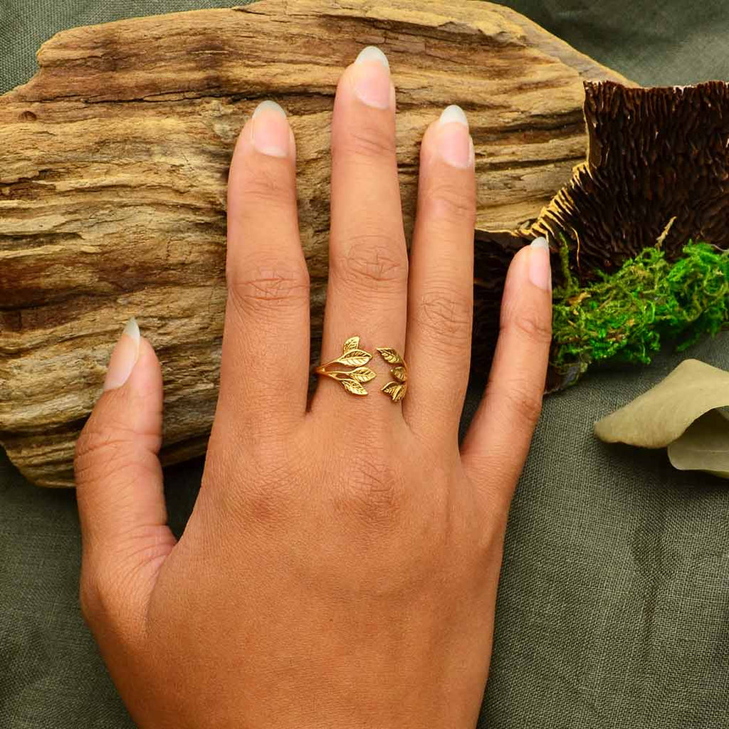 Sterling Silver or Bronze Leaf Cluster Adjustable Ring: Sterling Silver