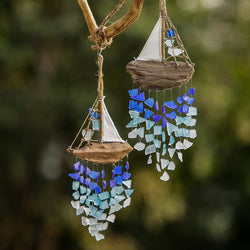 Driftwood Boat Windchime - Multi Color Recycled Bottles: Large 20