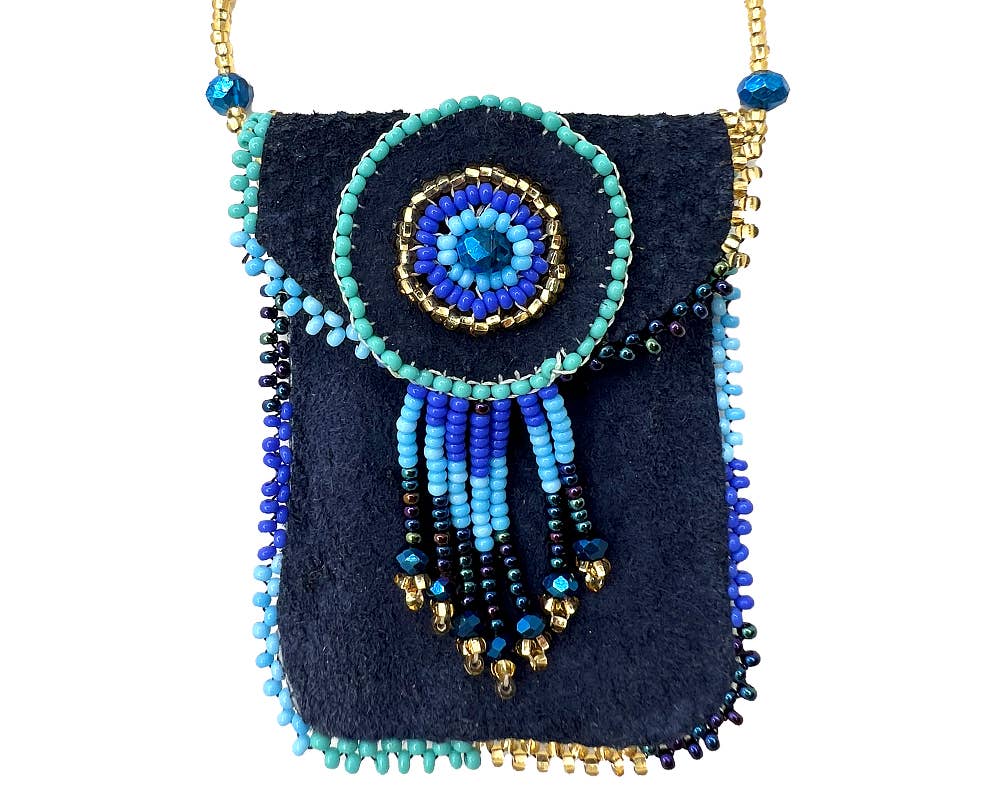 Suede Beaded Seed Bead Fringe Medicine Pouch Necklace Bag