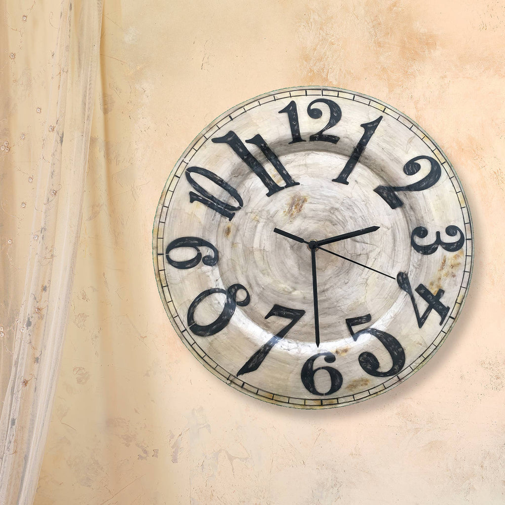 Clock Wall Decor Pearl With Black Numbers, Compressed Capiz