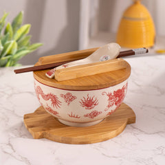 Red Dragon Bowl w/ Chopsticks, Spoon, Lid and Trivet Set