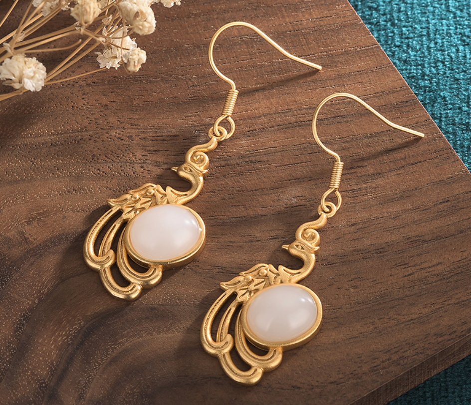 Golden Peacock Over Jade Earrings
