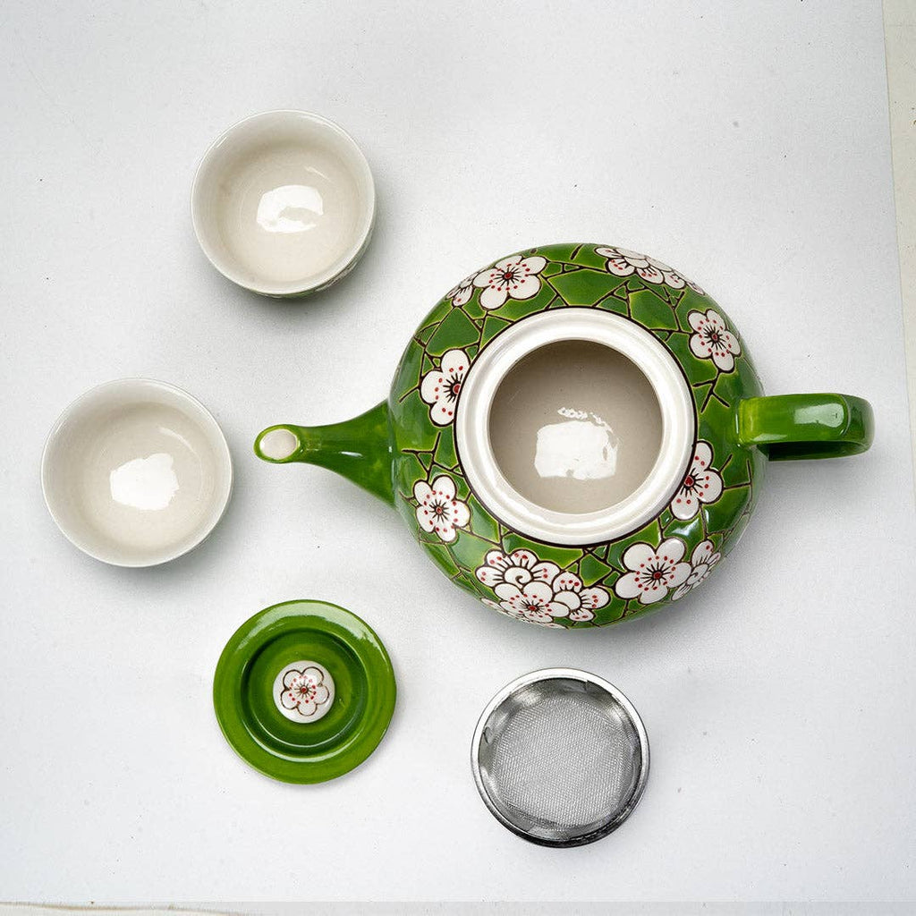 Ume Plum Blossoms Green Tea Set 26oz Tea Pot with 2 Cups (1/8)