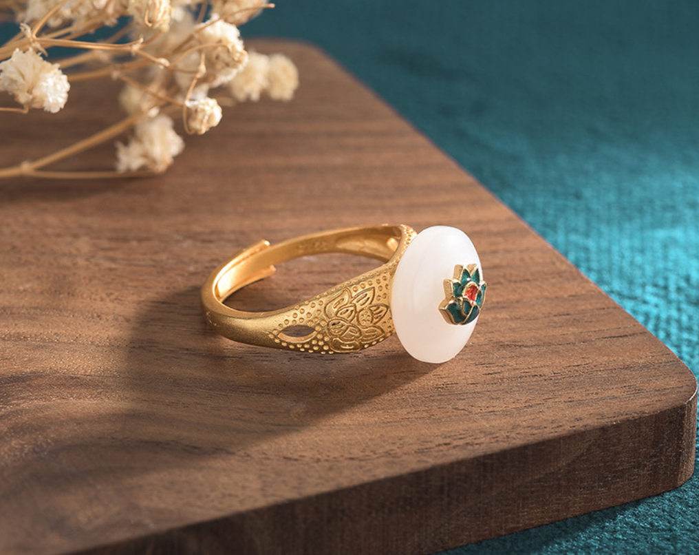 Green Lotus Jade Open Ring