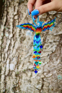 Beaded Hummingbird Figurine Seed Bead Fringe Dangle Ornament
