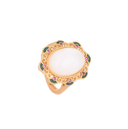 Chinese Style Enamel Crown Jade Open Ring