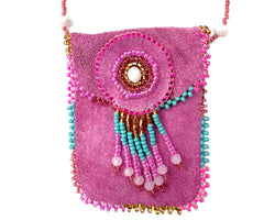 Suede Beaded Seed Bead Fringe Medicine Pouch Necklace Bag