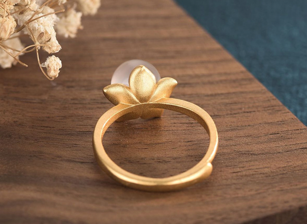 Jade Ball on Golden Flower Open Ring