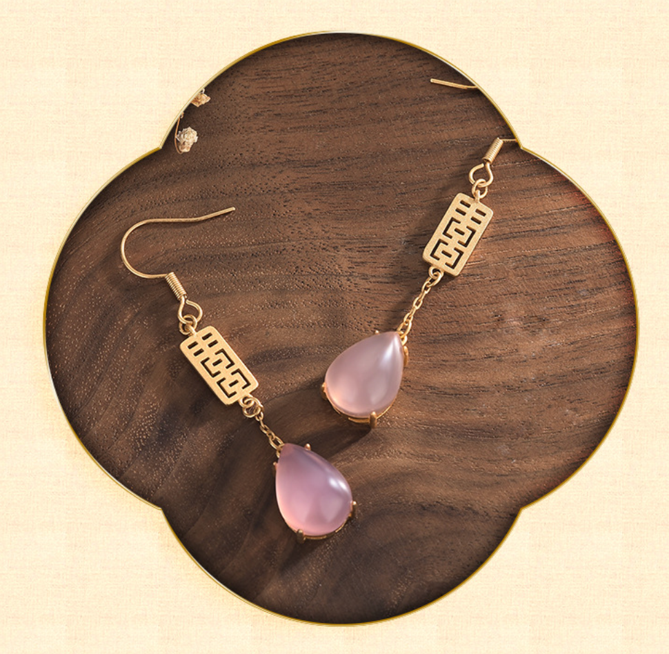 Pink Jade With Golden Happiness Earrings