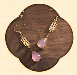 Pink Jade With Golden Happiness Earrings