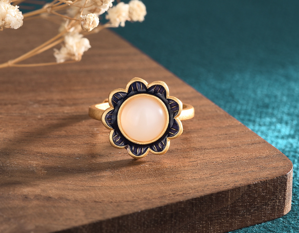 Jade Flower Asian Style Open Ring