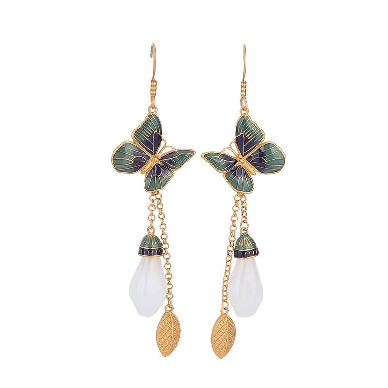 Enamel Butterfly on Golden Leaf Earrings