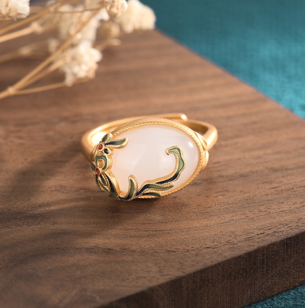 Enamel Leaves Over Jade Open Ring