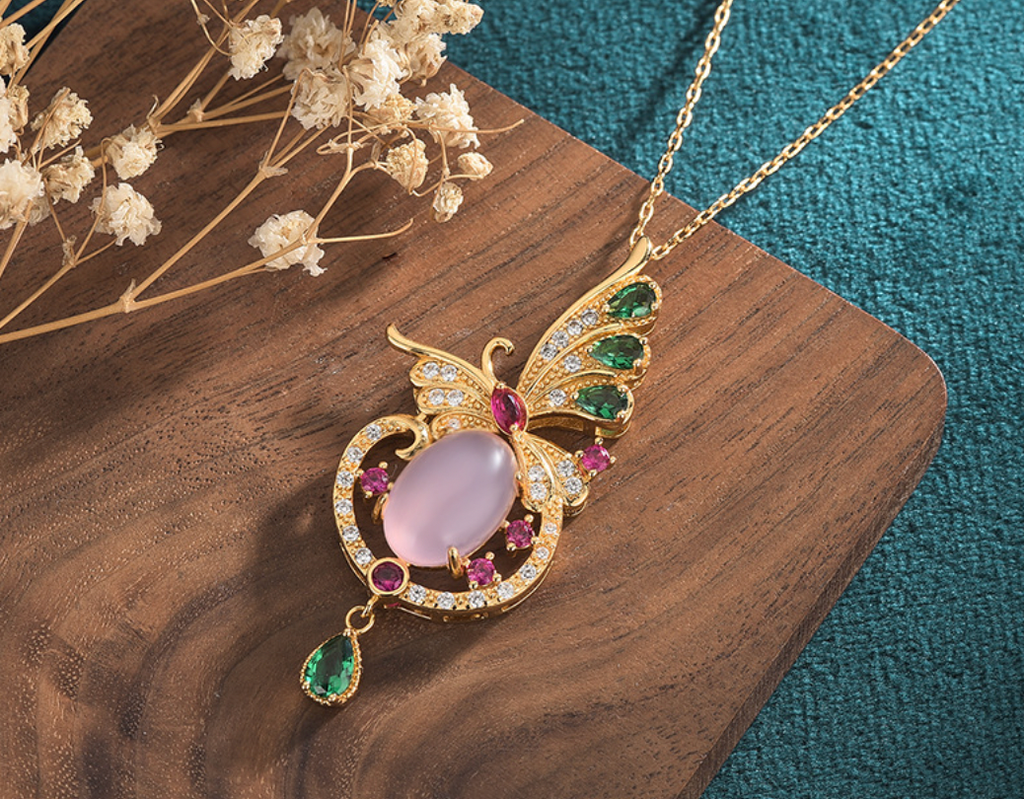 Crystal Butterfly Over Pink Jade Necklace