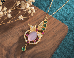 Crystal Butterfly Over Pink Jade Necklace