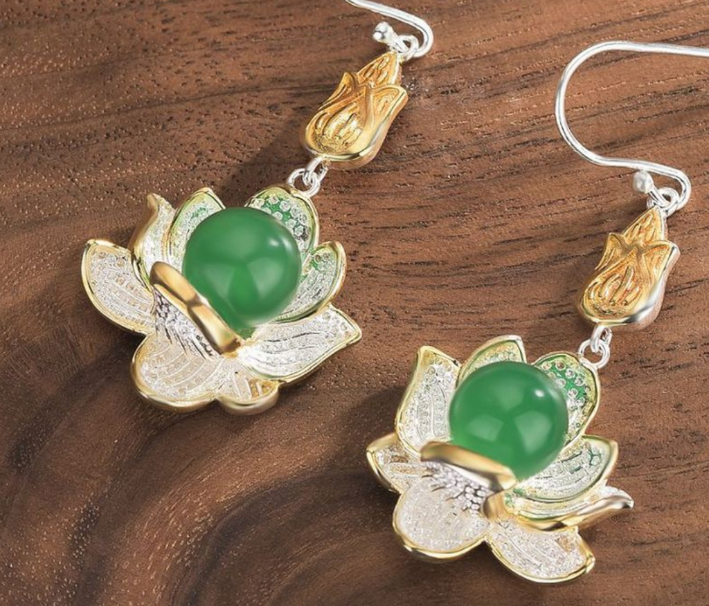 Silver and Jade Lotus Earrings