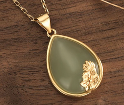 Golden  Lotus With Leaves  On Jade Necklace