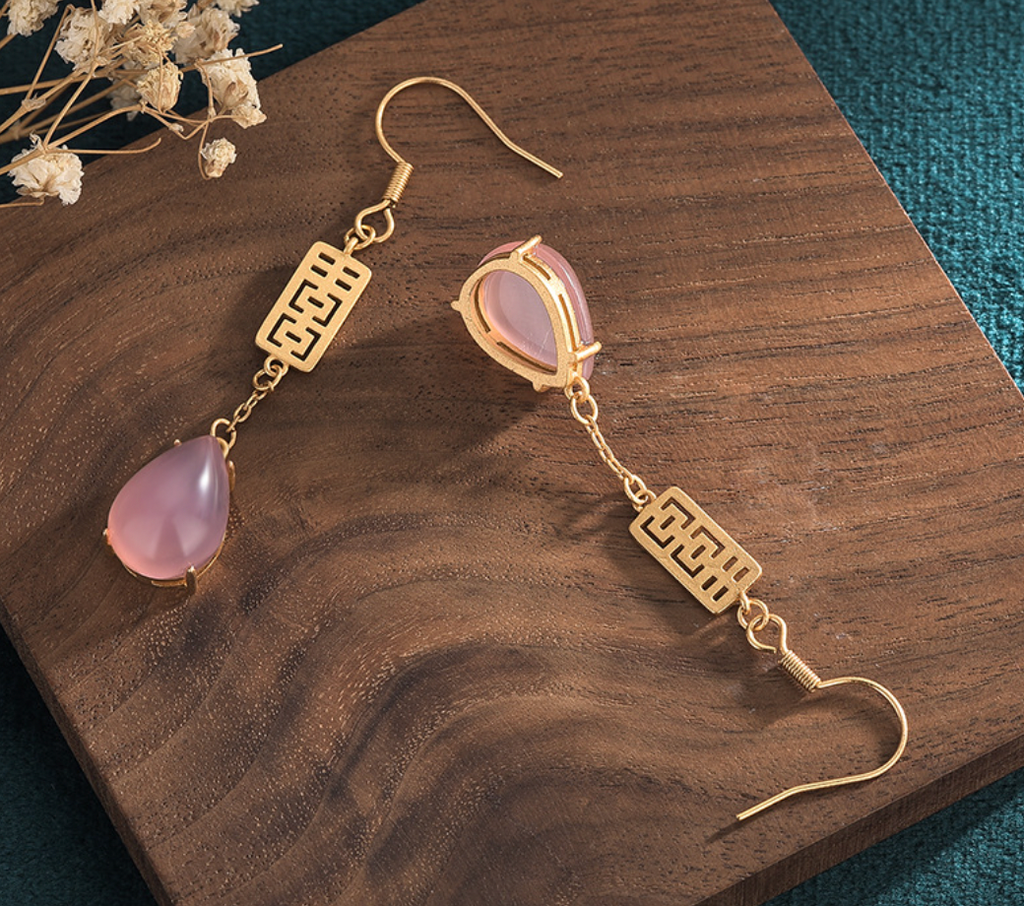 Pink Jade With Golden Happiness Earrings