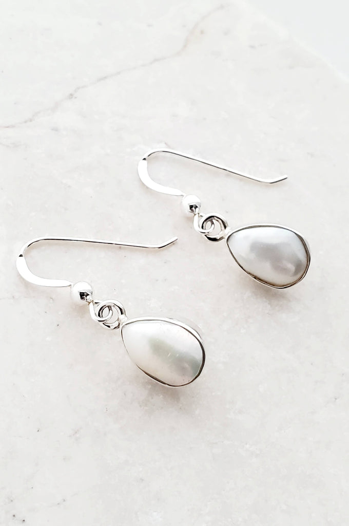 Sterling Silver Bezeled Teardrop Earring - Pearl