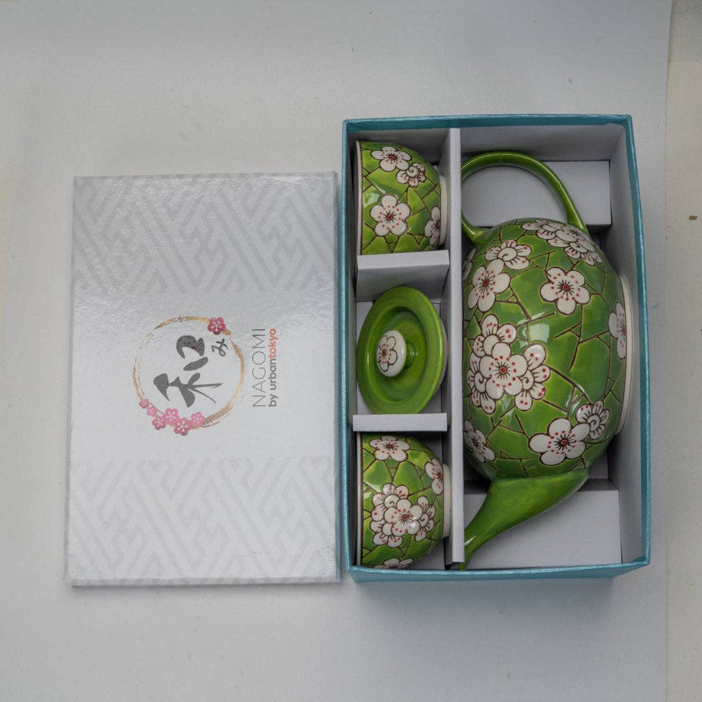 Ume Plum Blossoms Green Tea Set 26oz Tea Pot with 2 Cups (1/8)