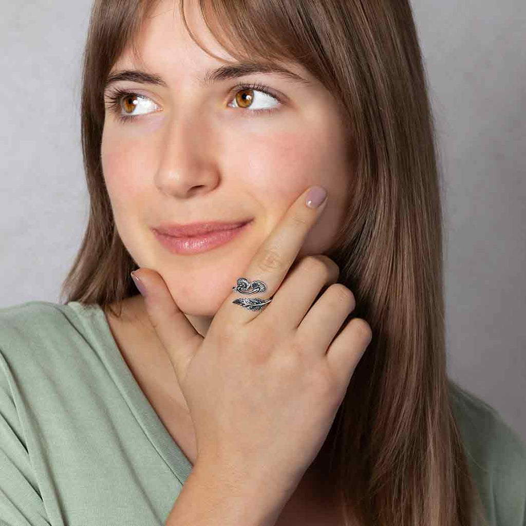 Sterling Silver Mushroom and Fern Bypass Ring