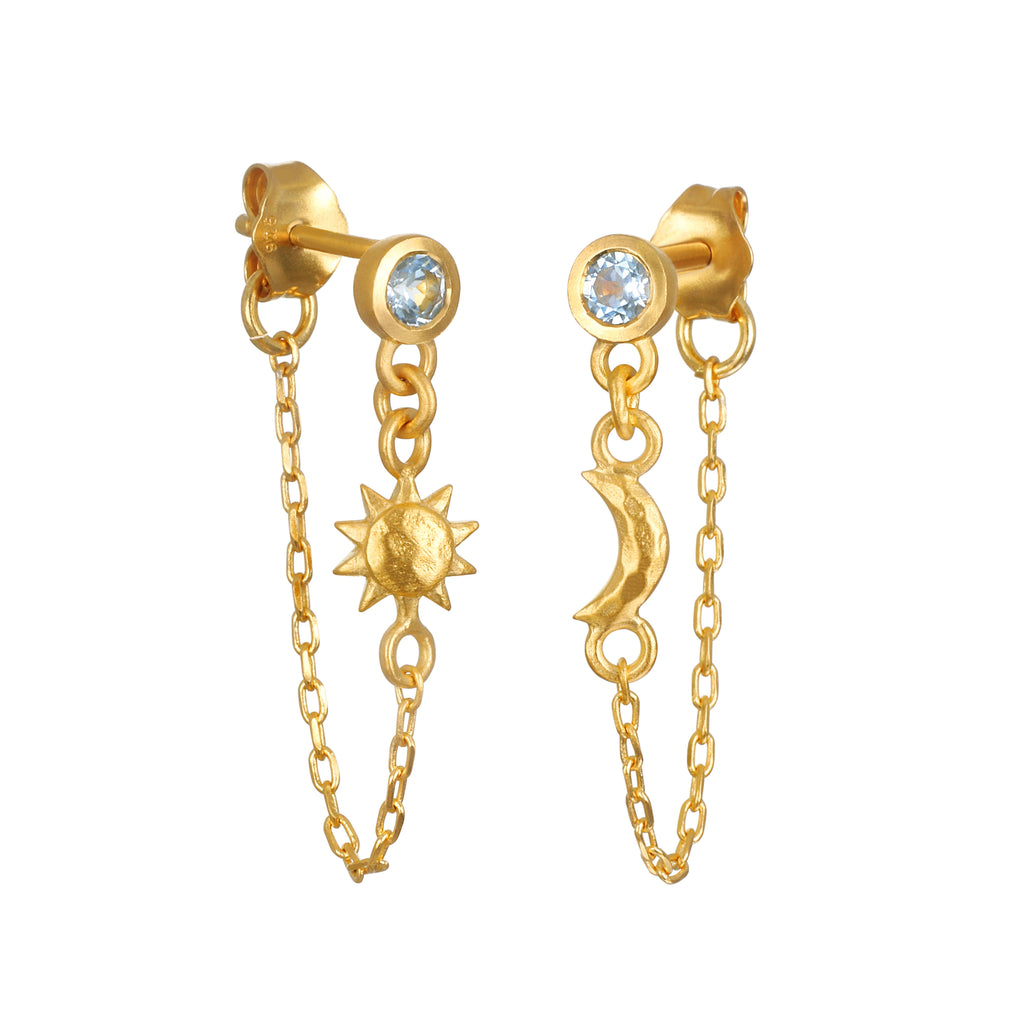 Moon & Star Blue Topaz Chain Earring