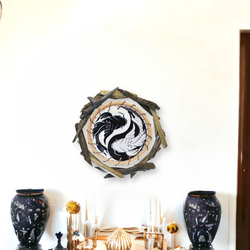 Yin Yang Fish Black/White Driftwood Rattan Capiz Laminated Wall Decor