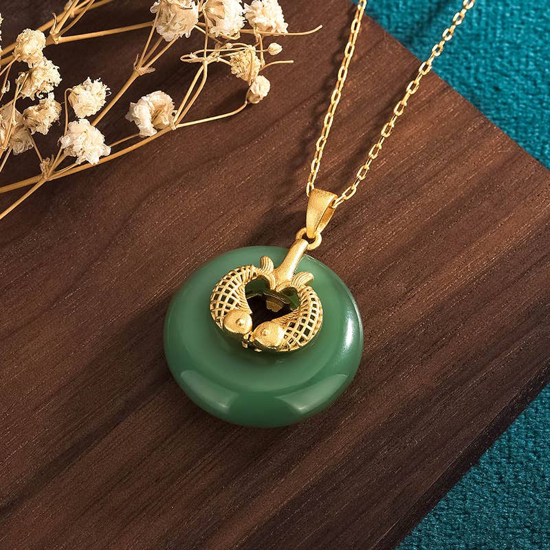 Double Gold Fish Jade Necklace