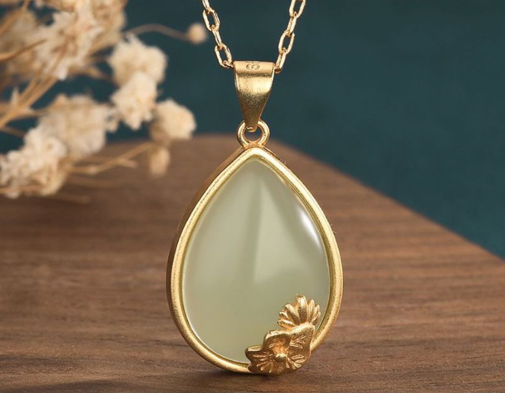 Golden  Lotus With Leaves  On Jade Necklace