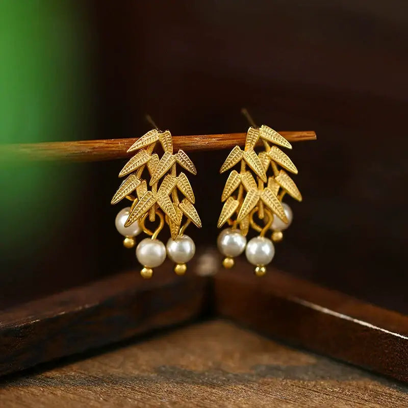 Gold Bamboos with Pearls Earrings
