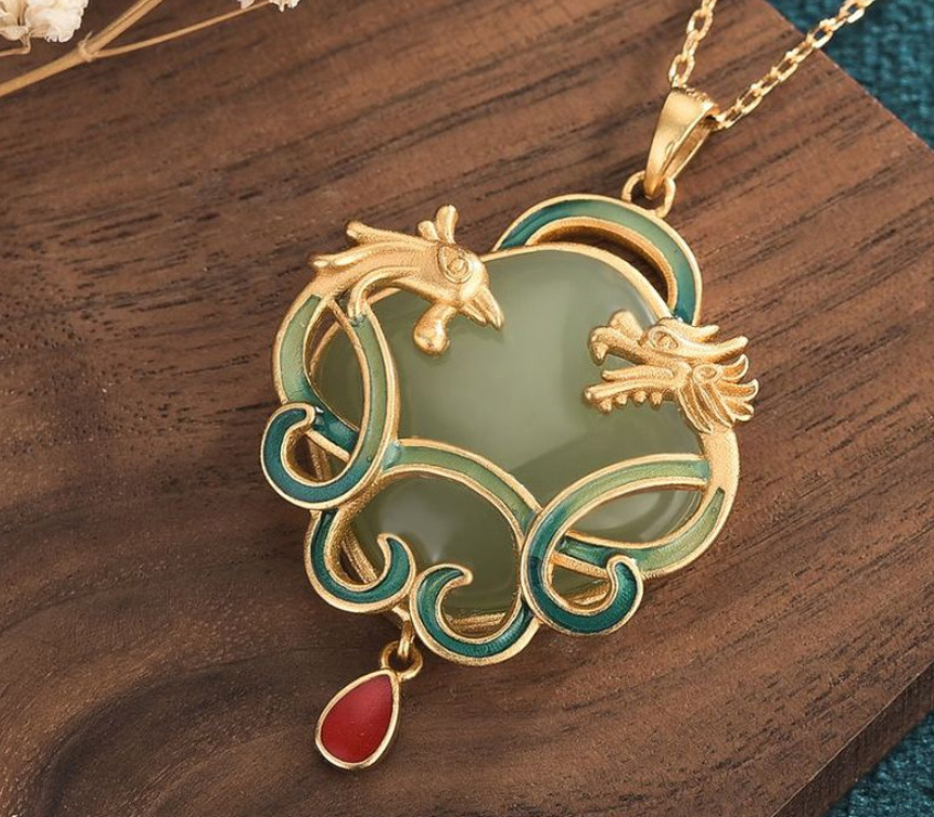 Dragon and Phoenix on Jade Necklace