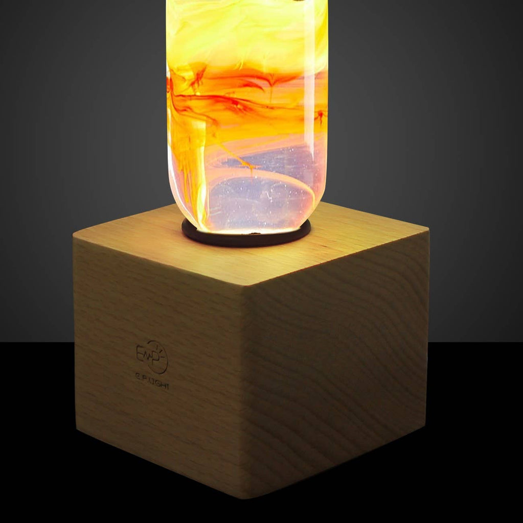 Handmade Resin Spring LED Light Bulb: Square Wooden Base Only