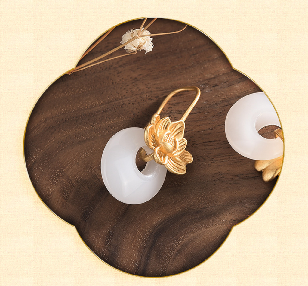Big Golden Lotus over Jade Stud Earrings