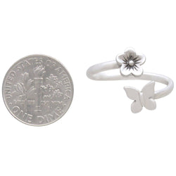 Butterfly and Flower Adjustable Ring: Bronze