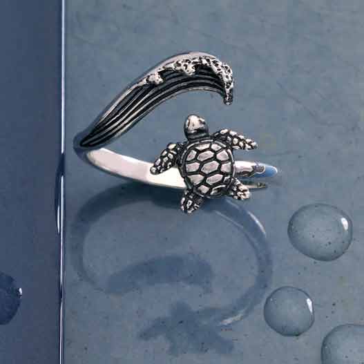 Sterling Silver or Bronze Sea Turtle & Wave Adjustable Ring: Bronze